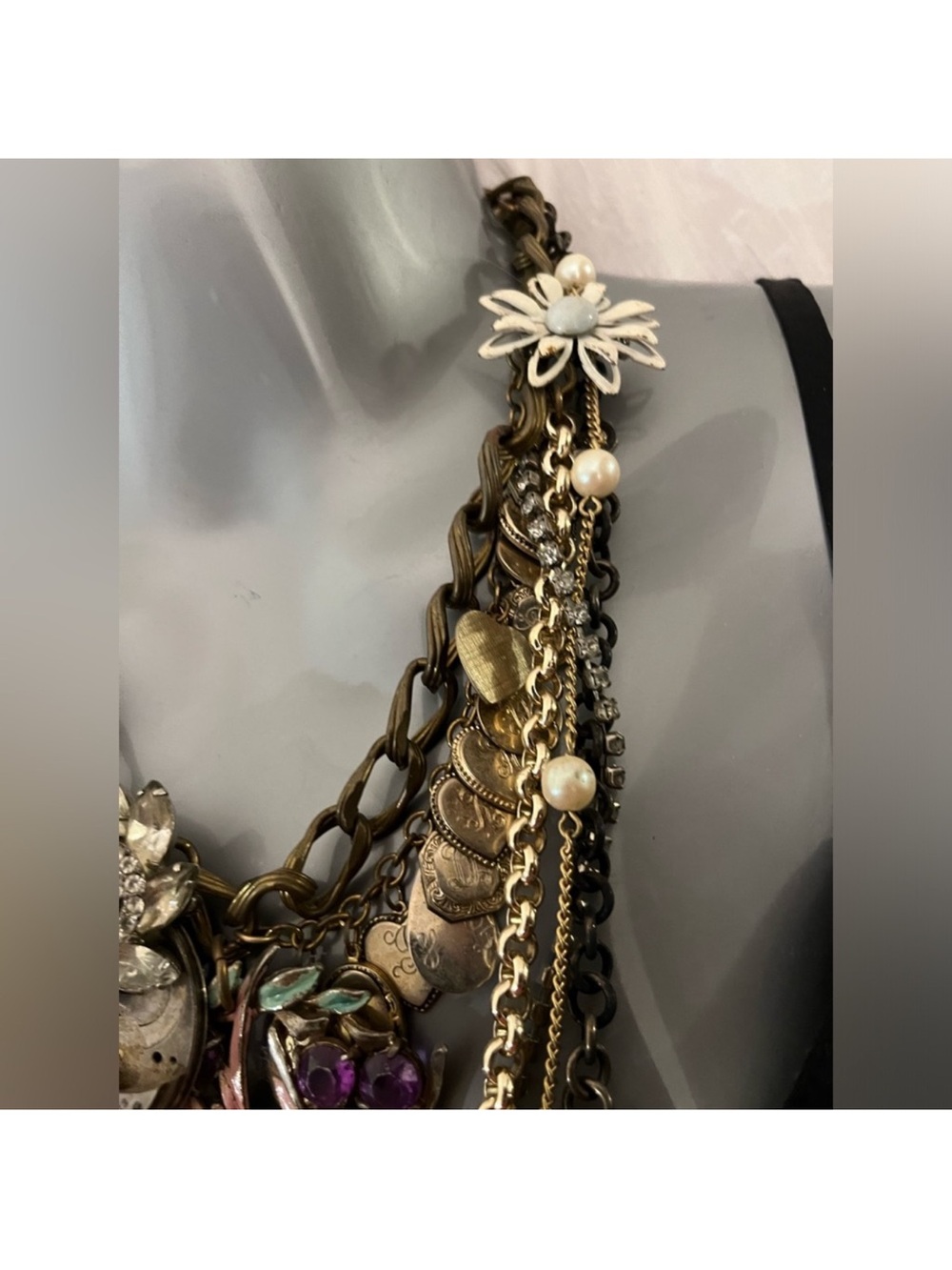 Layered Hand Made Gold Necklace with Gold Tones and Pink Floral Accents - Picture 2 of 5